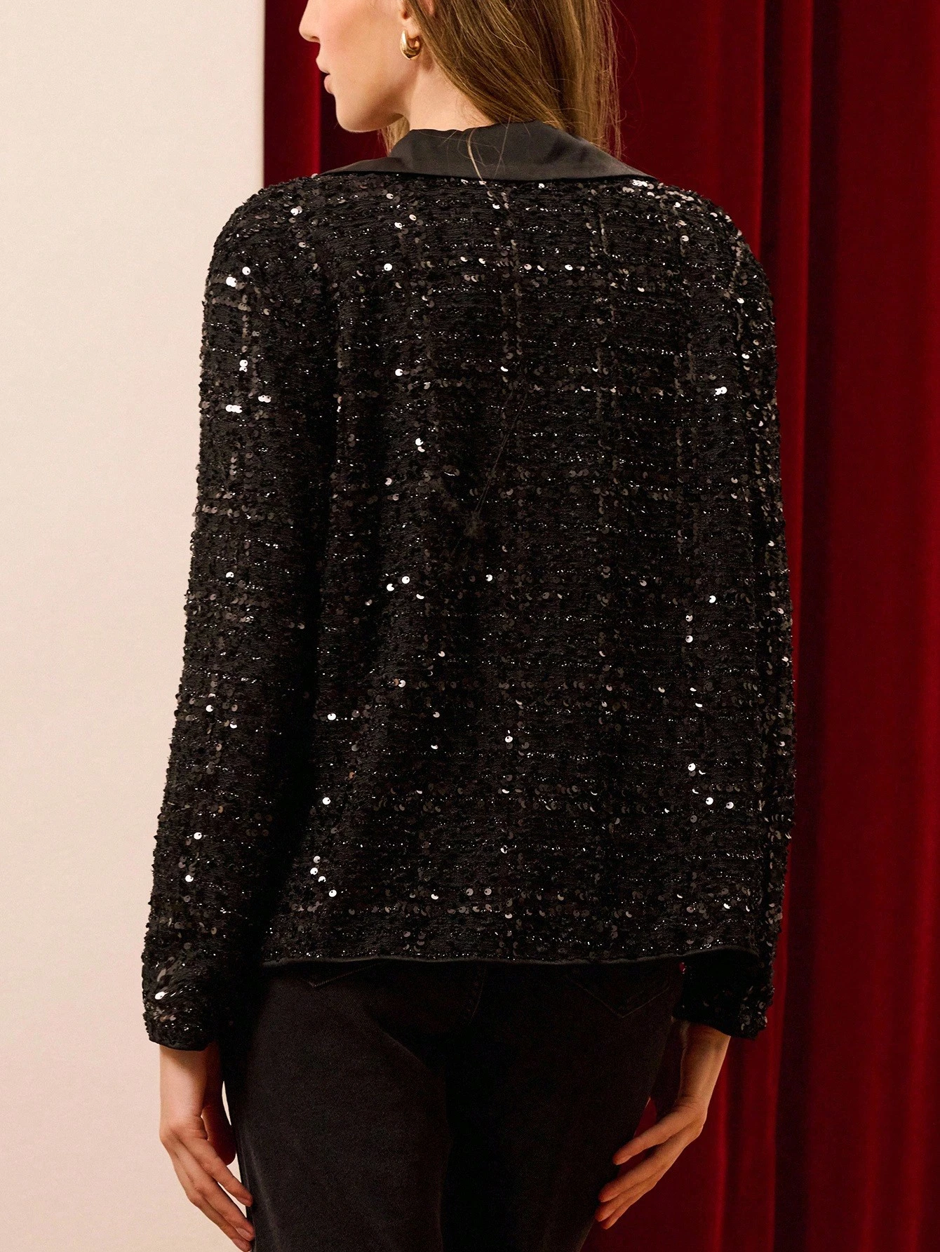 Black Sequin Tweed Shirt With Satin Collar And Button-Up Front Spring Women Spring Summer Premium Night Out Top Party Top New Year Party French Style Parisian Style