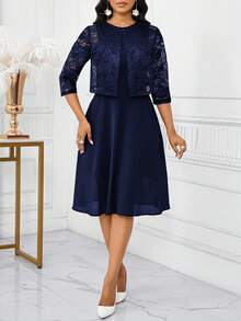 SHEIN Lady Bộ 2 món áo không tay ren trơn màu thanh lịch dành cho nữ, váy dự tiệc và sinh nhật mùa hè/váy công sở/váy đi nhà thờ/váy cưới/váy ngày lễ/ - Màu xanh hải quân - Xem 3