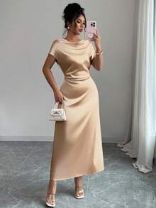 Rafferiza Rochie elegantă pentru femei, cu guler înalt, din satin, cu mânecă scurtă și nod, pentru întâlniri/navetă