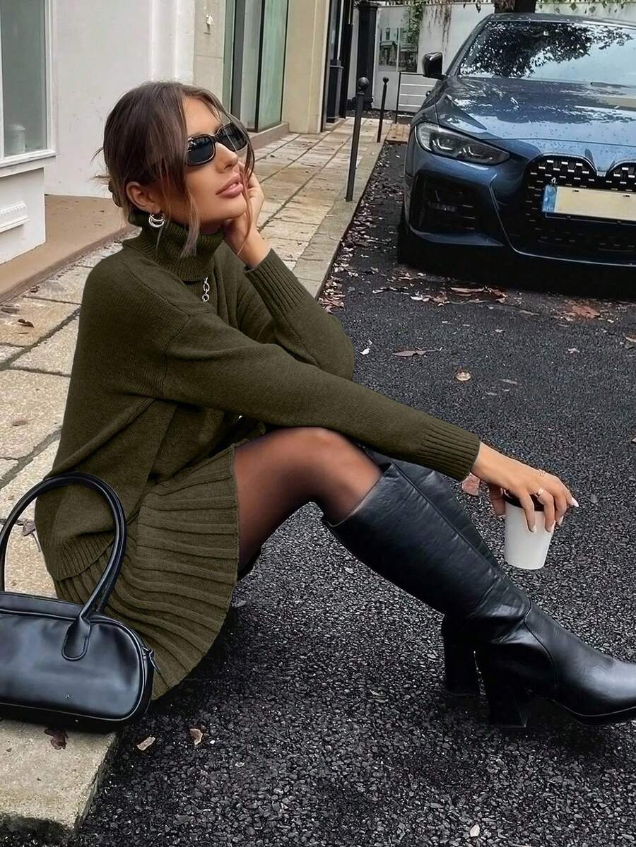 SHEIN LUNE 2pcs Women High Neck Drop Shoulder Long Sleeve Solid Color Knit Sweater Set - Army Green - View 1