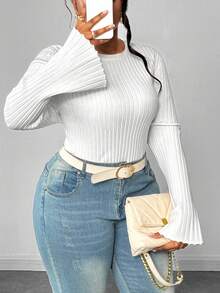 Maweii Women's Simple Casual Everyday Round Neck Straight Shoulder Flared Sleeve Knitted Solid Color Plus Size Sweater Long Sleeve Lightweight Knit Fashion Ribbed Slim Fit Basic Going Out Tshirts, Spring Fall Winter