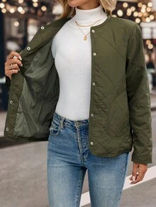 EMERY ROSE Abrigo acolchado con botones para mujer, cálido para otoño/invierno - Verde militar - Ver 7