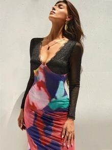 Almamuse Women's Tie-Dye Lace Mesh Patchwork Sexy Dress Sheer Dress Women See Through Dress Multicolor Dress Deep V Dress Tie Dye Dress - Multicolor - View 3