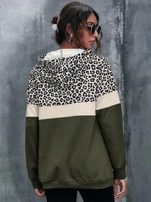 SHEIN LUNE 女式纯色豹纹拼布连帽长袖长款运动衫 - 軍綠色 - 查看 2