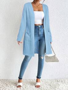 SHEIN Essnce 女士优雅常规针织开衫浅蓝色开衫薄款开衫蓝色开衫掸子开衫女士开衫秋冬装 - 淺藍色 - 查看 5