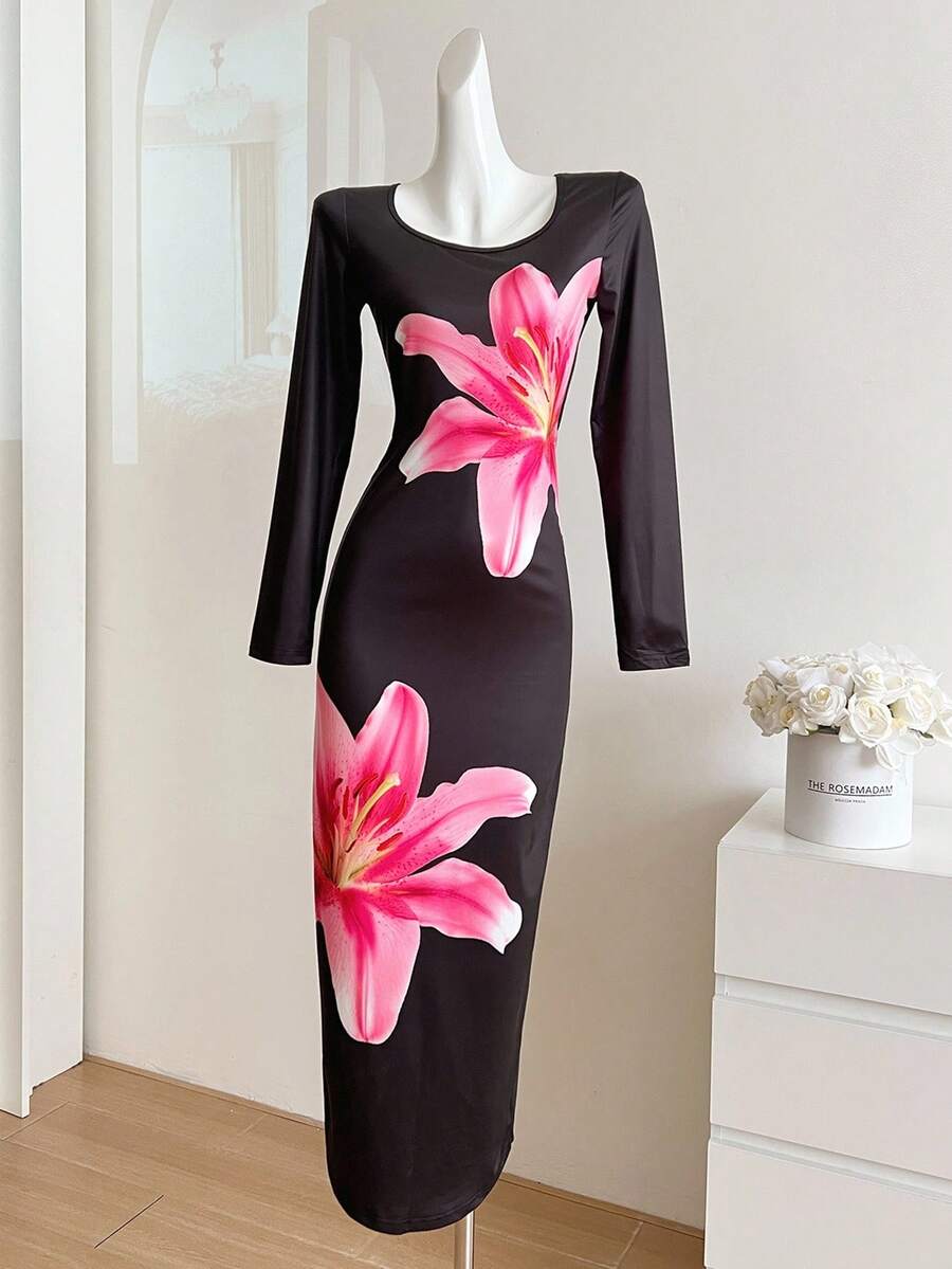 1pc Teenage Girls' Round Neck Long Sleeve Dress, Front Floral Print, Back Slit Hem, Casual Vacation Dress, Autumn Fall Winter - Black - View 1