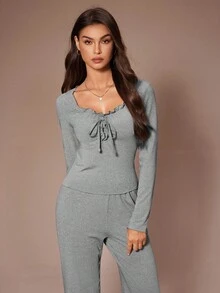 SHEIN Lazeform Casual Lace Trim Drawstring Lounge Set, Fall Winter Clothes, Cozy Outfit - Grey - View 3