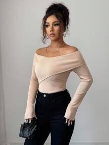 SHEIN Elenzya 25-30+ 罗纹针织交叉露肩长袖优雅T恤，休闲秋冬 - 卡其色 - 查看 6