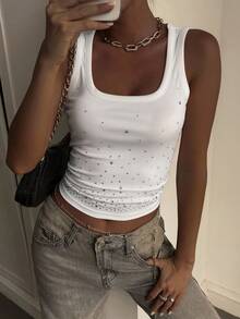 Livesso Women's Summer Round Neck Fitted Rhinestone Embellished Camisole - White - View 1