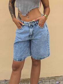 Bearsaez 女裝寬鬆休閒牛仔半褲，帶口袋 - 淺色水洗藍 - 查看 4