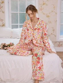 CottageSlumber 花卉印花翻领宽松长袖上衣和裤子女士睡衣套装，冬季服装 - 彩色 - 查看 6