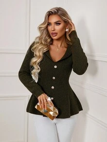 Xyvia Women's Elegant Fitted Classic Textured Front Metal Button Design Solid Color Long Sleeve Sweater, Autumn/Winter - Army Green - View 1