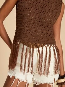 Travachic Women's Vacation Casual Hollow Out Fringe Hem Knit Top, Crochet Top Women, Tassel Top, Going Out Outfits, Casual Style, Summer Beach Outfits,