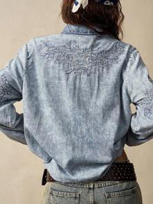 Bohemela 休闲纯色牛仔水洗刺绣翻领长袖宽松女式衬衫 - 藍色 - 查看 7