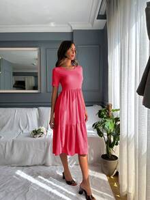 EURMUSE Solid Ruffle Hem A-line Dress - Hot Pink - View 4