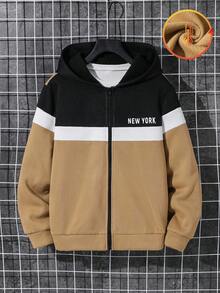 SHEIN Áo khoác nỉ phối nhiều lớp thoải mái dành cho bé trai tuổi teen, có họa tiết chữ cái, phù hợp cho mùa xuân, hè, thu, đông, thích hợp cho các hoạt động ngoài trời, đi học, phong cách đường phố, tiệc tùng và thư giãn tại nhà, giá cả phải chăng, mùa thu. - Màu Khaki - Xem 3