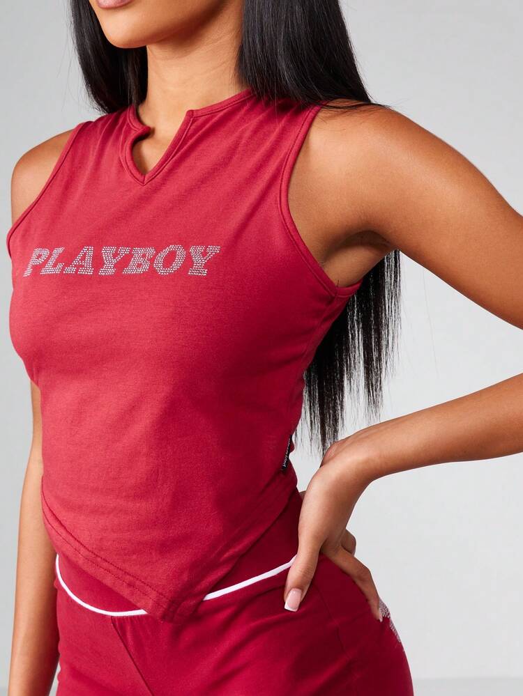 Missguided x Playboy Christmas Sleeveless Cropped Tank Top Retro Rhinestone Bunny Design High Neck Fashion Summer Streetwear With Notched Neckline And Crystal Embellishments