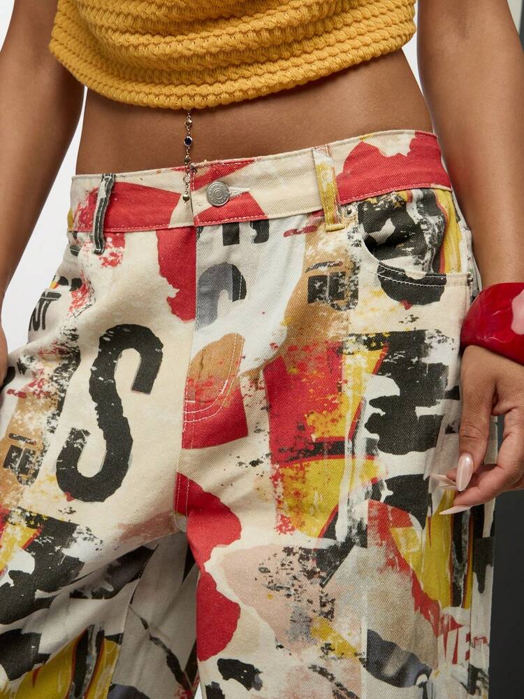 그래피티 프린트 패턴의 와이드 레그 데님 청바지