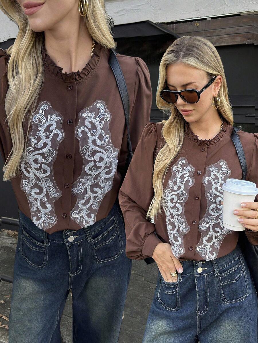 Elyressa An Elegant Autumn Shirt For Women's Woven And Embroidered Vacation Commuting - Coffee Brown - View 1