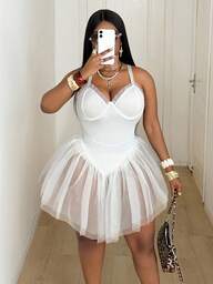 Maweii Plus Size Women's Spring/Summer New Year White Lace Sexy Hollow Out Tie Front Avant-Garde French Casual Young Chic Fashion Elastic Knit Versatile Comfortable Undershirt Dress, Sexy Social Event/Holiday Outfit, Black Formal Dress, Young Elegant Sexy Patchwork Sexy Top, Sexy Holiday/Social Outfit, White Blouse, White Jumpsuit, White Bra, Fitted Sheer Off-Shoulder Slim Fit Solid Color