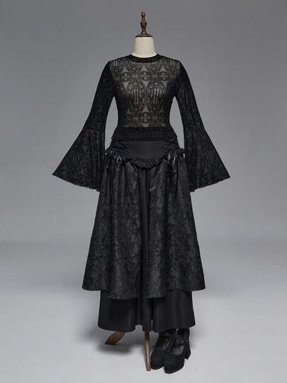 Goth Gothic Inspired Flocked Flare Sleeve Sheer Plus Size Women Top