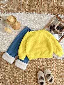 SHEIN 女宝宝休闲猫咪刺绣圆领上衣和裤子套装，秋冬 - 黃色 - 查看 2