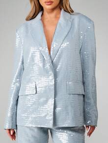 MISSGUIDED 亮片晚礼服外套，闪亮派对夹克，假日、冬季、春季、迪斯科派对、夜店庆典，优雅长袖，婚礼宾客、新年夜，闪亮金属冰蓝色 - 霧霾藍 - 查看 5