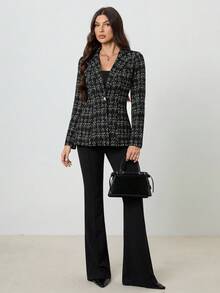 SHEIN Tall 女士休闲优雅格子通勤修身西装外套，秋季 - 黑色 - 查看 5