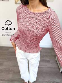 Siren Gaze 女式圆领长袖条纹荷叶边休闲衬衫 - 紅白色 - 查看 7