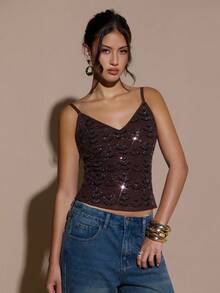 SHEIN BAE 女士棕色咖啡色修身时尚性感网纱手工串珠吊带背心，适合万圣节、圣诞节、感恩节、新年、派对等场合，亮片上衣，闪亮上衣 - 咖啡棕 - 查看 6