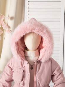 SHEIN Young Girls Autumn/Winter New Stylish Versatile Thickened Padded Coat, Hooded With Faux Fur Collar, Zipper, Pockets, Waist Cinched, Padded Coat - Pink - View 5