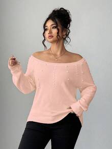 Elenzga Plus Size Women Solid Color Faux Pearl Decor Raglan Sleeve Elegant Sweater - Pink - View 5