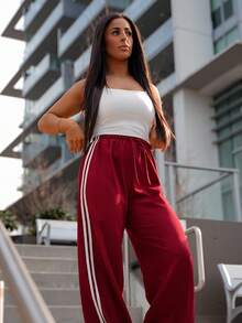 SAYEHFBABY 女式宽松抽绳直筒裤，侧条纹 - 酒紅色 - 查看 6