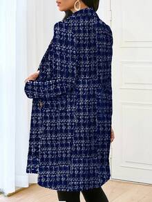 SHEIN Lady 2025 New Autumn And Winter Elegant Commuting Office Navy Blue And White Plaid Knitted Lapel Button Long Sleeve Plus Size Blazers Plus Size Coats Stylish Clothing Collection  Winter Clothes