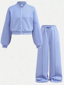 SHEIN 2 件套青少年女孩秋季休闲装 - 长袖拉链连帽运动衫 + 阔腿运动裤套装，适合日常、居家和街头穿着，舒适 - 淺藍色 - 查看 14