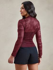 Wildy BOHO Fall Tops Chic Tops Elegant Burgundy Mesh Sheer Lace American Country Music Festival Top - Burgundy - View 2