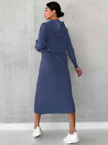 SHEIN Cottnline Women's Solid Color Drawstring Hooded Sweater And Knitted Skirt Two-piece Set - Dusty Blue - View 2