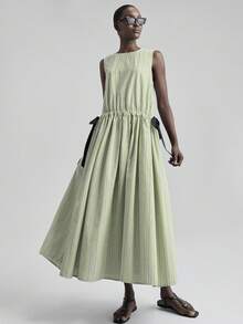 Ontre Women's Summer Simple Striped Loose Drawstring Waist Long Dress, Military Green, Suitable For Teachers, Urban Intellectual, Bowknot Strap Beach Holiday Outfit, Island Resort Bohemian Dress, Music Festival, Halloween, Christmas Party, Elegant Country Music Concert Dress