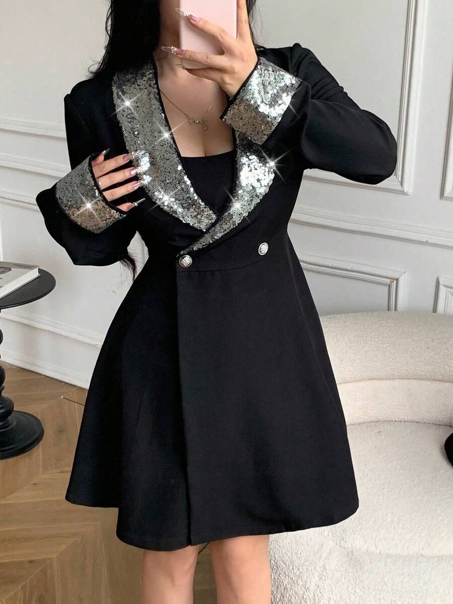 Celisse Jaket Wanita Elegan dengan Hiasan Payet, Kerah Berbentuk Kancing Ganda, dan Pinggang yang Dikencangkan, Musim Gugur - Hitam - View 1