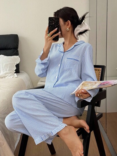 Bubble Textured Gestreepte Top Pants Pajama Set Night Wing Two Pieces Sleepwear Sleep Wear Women Blauw Pyjama Woman Verlichting Pj Set, Fall Clothes view 6