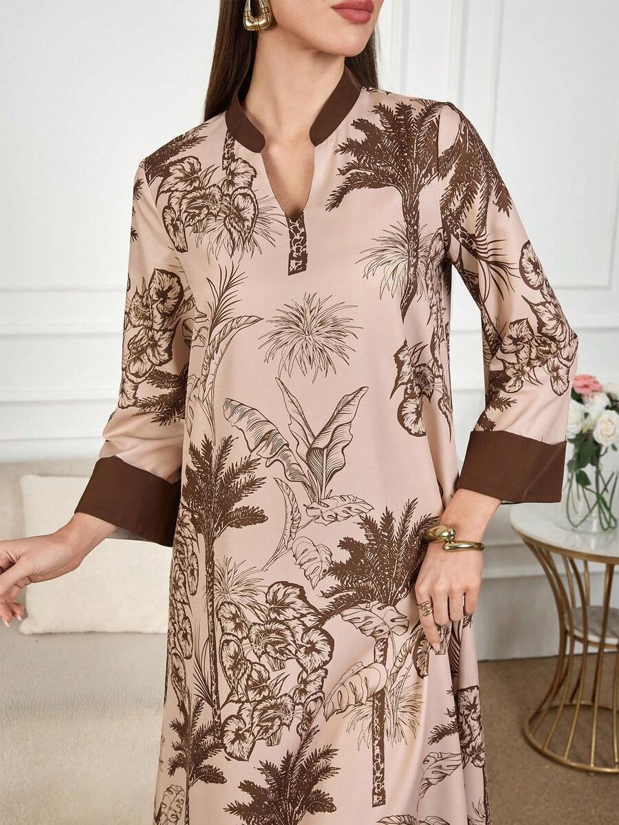 Al Najma 女式优雅花卉印花长袖超长连衣裙 - 棕色 - 查看 1
