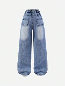 Sparklyn 少女 Y2K 风格破洞直筒宽松牛仔裤，浅蓝色牛仔布，舒适棉质面料，适合日常穿着、上学和通勤