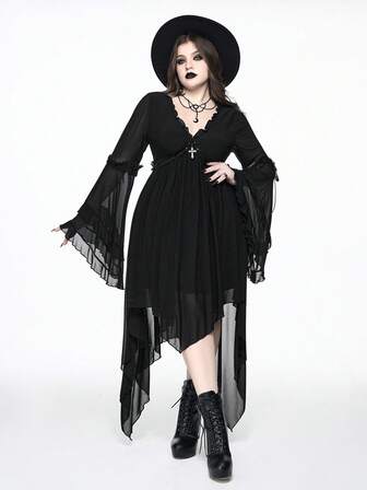 Plus Size Gothic Elegant Jacquard Mesh Asymmetrical Flowy Hem Double Ruffle Flare Sleeve Formal Dress, Autumn/Winter Plus Size Long Sleeve Flowing Gothic Everyday Plus Size Dress, Autumn/Winter Everyday Women's Clothing, Plus Size Black Autumn/Winter Women's Dress