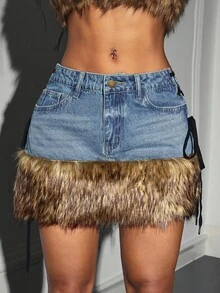 Jeanoix Y2K 低腰磨边性感牛仔迷你裙，秋冬 - 中等水洗藍 - 查看 4