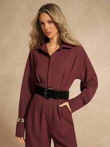 Almamuse 女士休闲简约纯色宽松连体裤，适合通勤 - 咖啡棕 - 查看 5