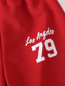 SHEIN Casuvi Kids Young Girl's Red 2 Pieces Set: Casual And Stylish Preppy V-Neck Sweatshirt With "79" And Los Angeles Pattern & Crew-Neck Sweatshirt With Wide-Leg Trousers, Suitable For Autumn And Winter - Red - View 10