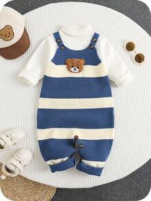 SHEIN Newborn Baby Unisex Cute Striped Cartoon Pattern Romper With Bib Overalls, Sweater, Autumn/Winter Baby Clothes Fall - Multicolor - View 4
