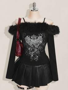 SHEIN ICON 女式加大码复古朋克性感 Y2K 短款上衣，罗纹拼接露肩长袖修身 T 恤，秋冬