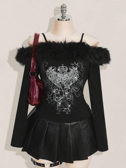 SHEIN ICON 女式加大码复古朋克性感 Y2K 短款上衣，罗纹拼接露肩长袖修身 T 恤，秋冬