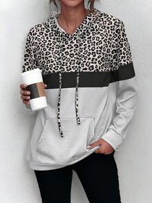 EMERY ROSE Women's Solid Color Leopard Print Patchwork Hooded Long Sleeve Long Sweatshirt - Grey - View 3